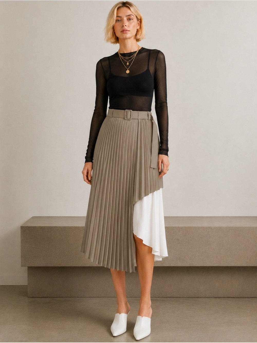 Andersson Bell Melanie Double Layered Pleated Midi Skirt Beige Size M